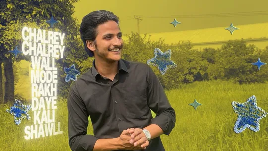 A man outdoors with lyric text and blue star decorations in the Chalry Chalry Wall preview
